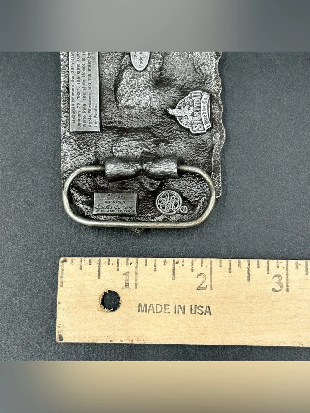 Vintage 1989 Siskiyou Michigan Belt Buckle Mackinac Bridge Deer Fish USA
